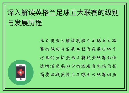 深入解读英格兰足球五大联赛的级别与发展历程